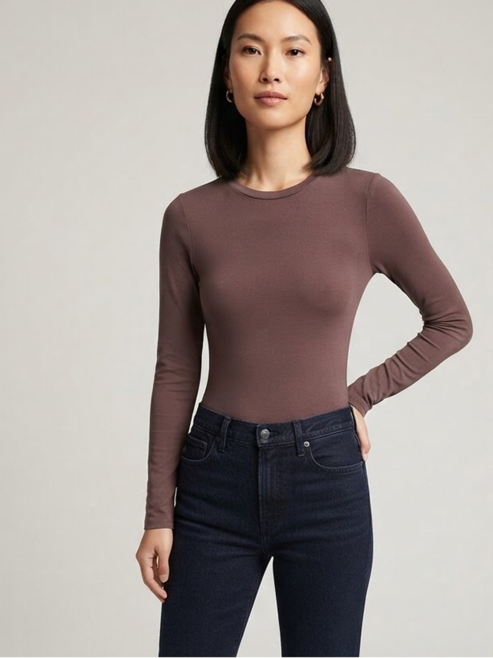 Charlotte Russe Long Sleeve Crew Neck Thong Bodysuit Brown Size M Minimalist